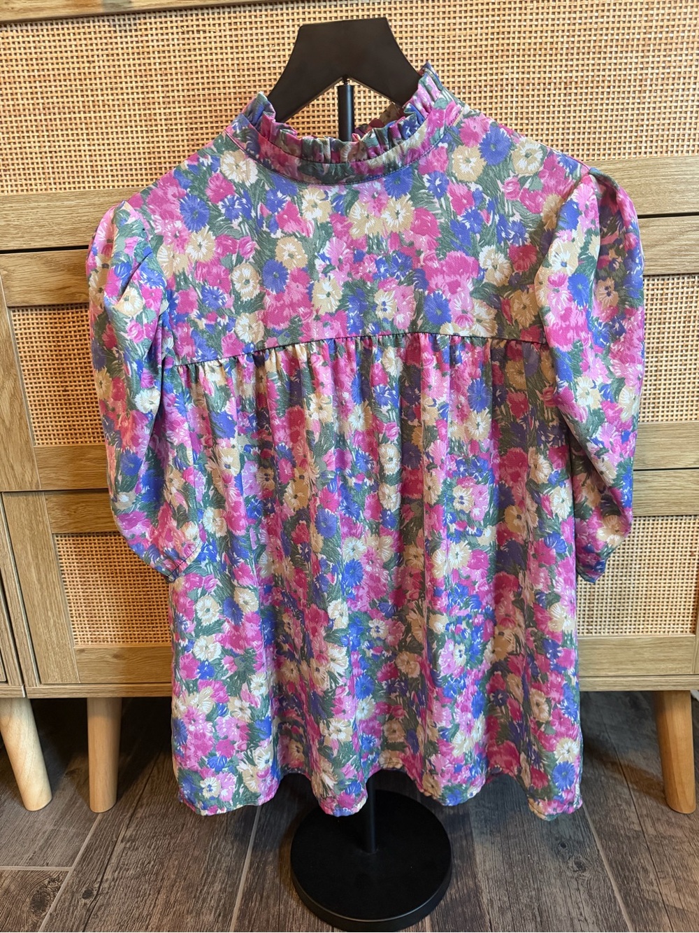 SHEIN Pink Blue Floral Ruffle Neck Puff Sleeve Blouse